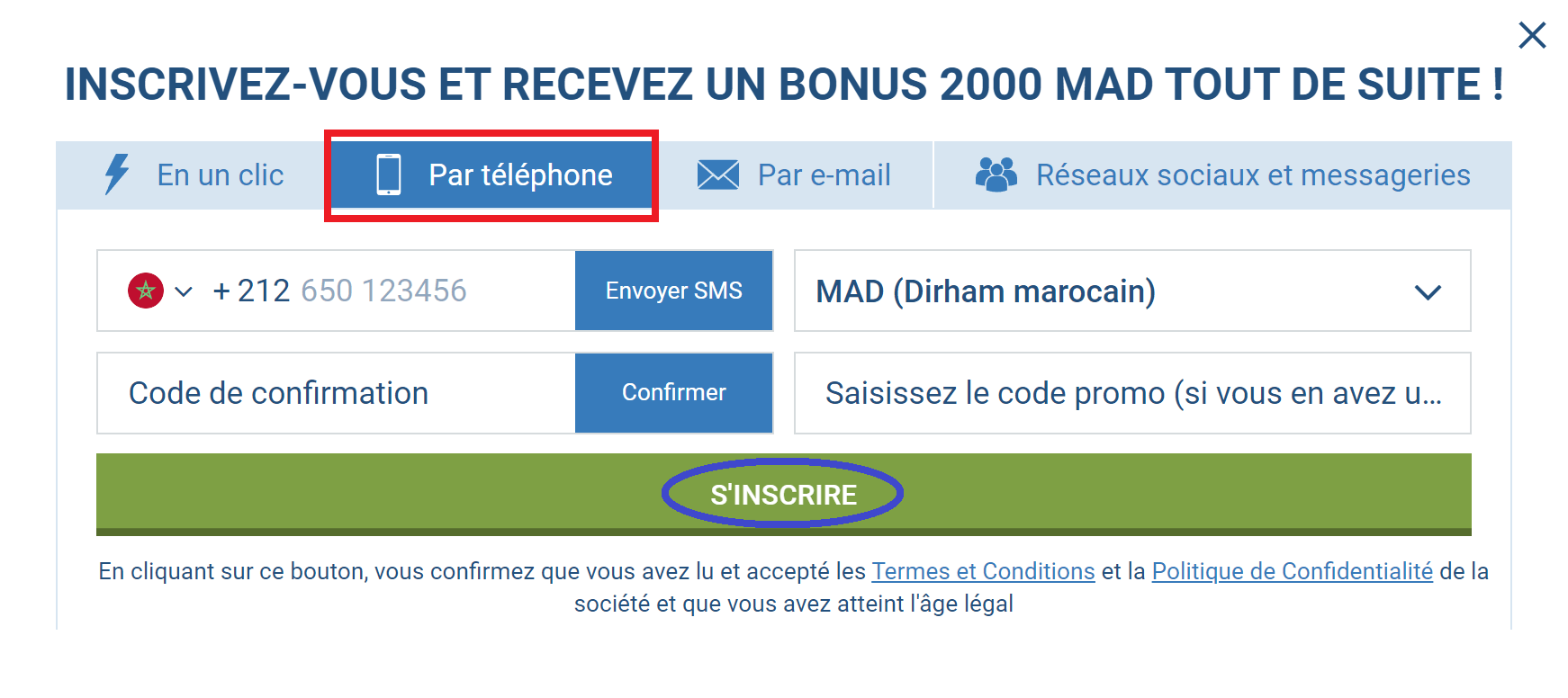 1xBet par numéro de téléphone