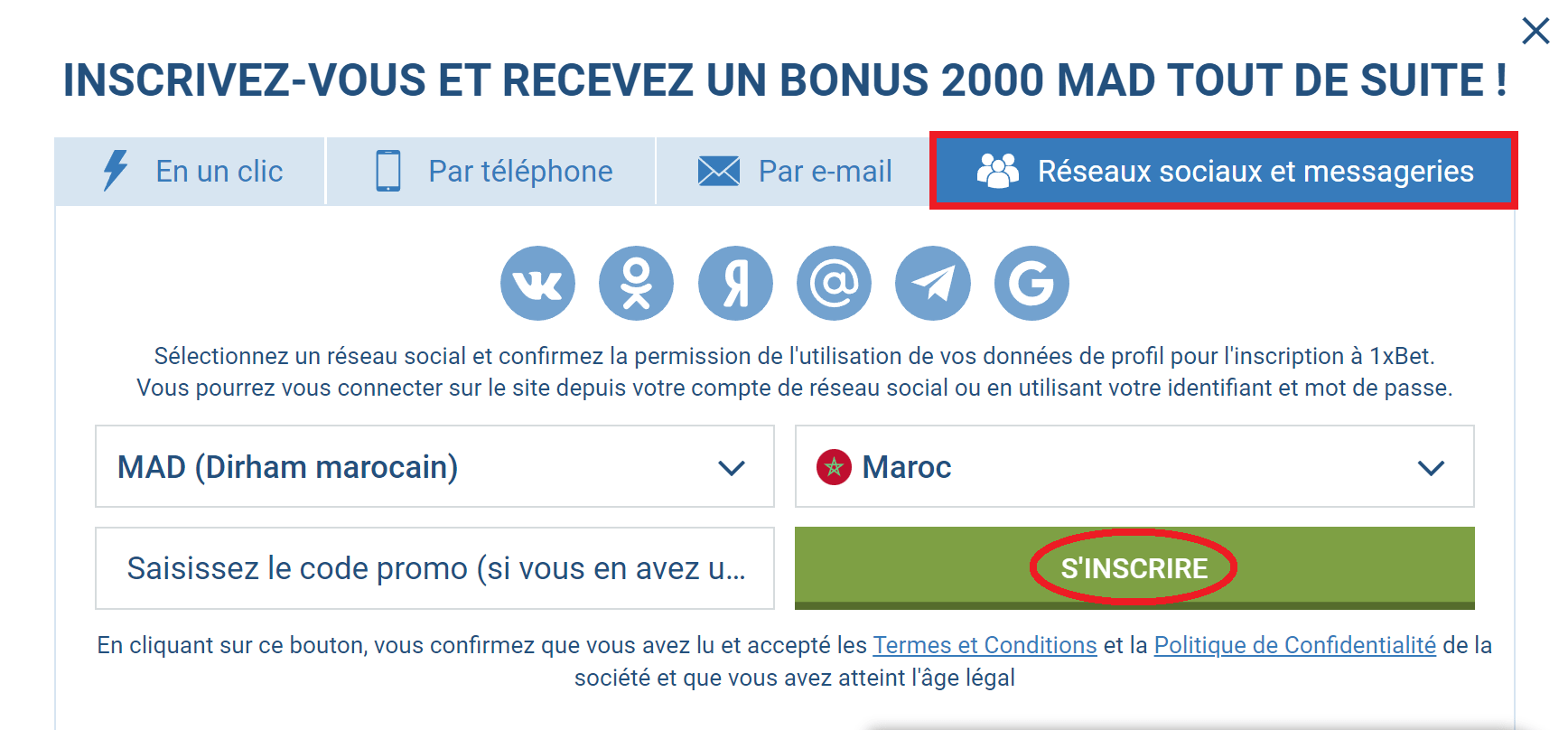 1xBet inscription en ligne via les réseaux sociaux